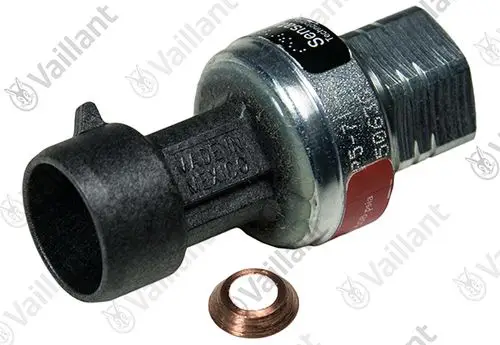Vaillant Hochdrucksensor in metallischer und schwarzer Ausführung, mit Anschlussgewinde und separatem Kupferdichtungsring im Vordergrund.